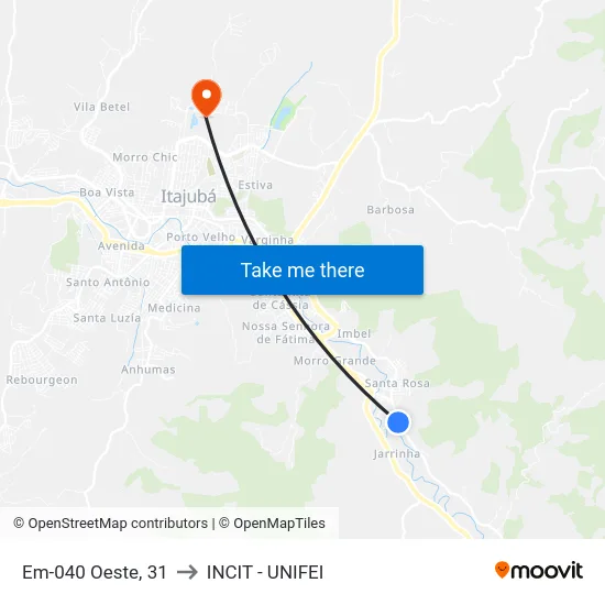 Em-040 Oeste, 31 to INCIT - UNIFEI map