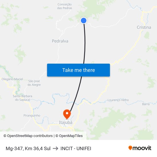 Mg-347, Km 36,4 Sul to INCIT - UNIFEI map