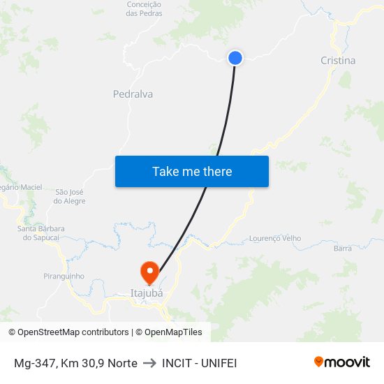 Mg-347, Km 30,9 Norte to INCIT - UNIFEI map