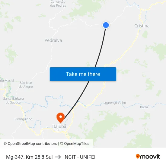 Mg-347, Km 28,8 Sul to INCIT - UNIFEI map