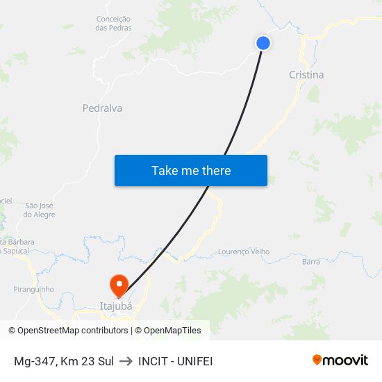 Mg-347, Km 23 Sul to INCIT - UNIFEI map