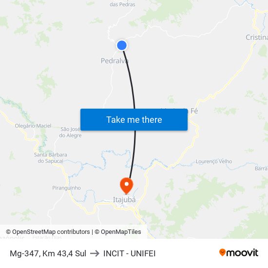 Mg-347, Km 43,4 Sul to INCIT - UNIFEI map