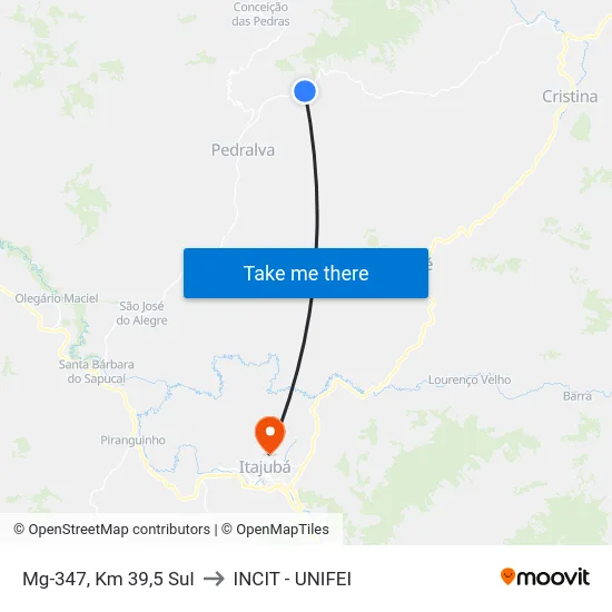 Mg-347, Km 39,5 Sul to INCIT - UNIFEI map