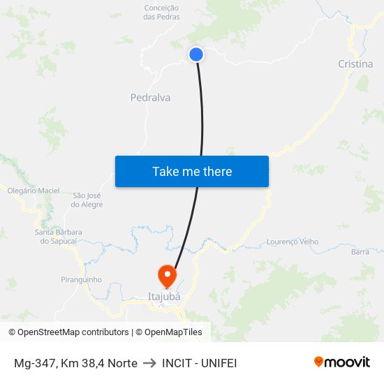 Mg-347, Km 38,4 Norte to INCIT - UNIFEI map