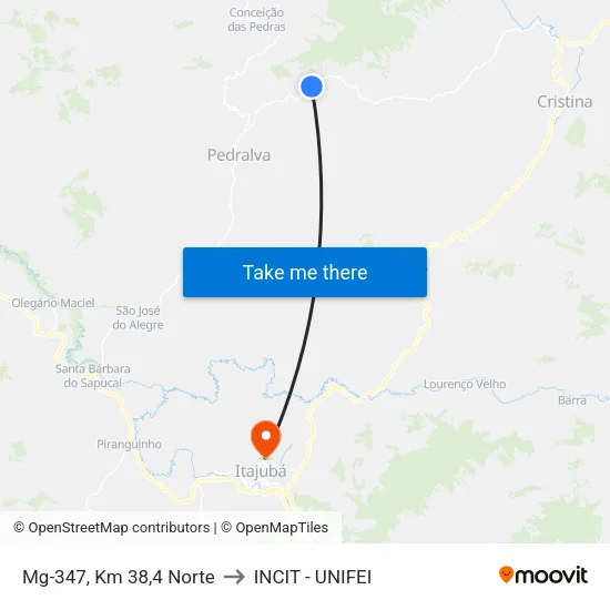 Mg-347, Km 38,4 Norte to INCIT - UNIFEI map