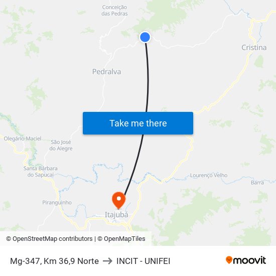 Mg-347, Km 36,9 Norte to INCIT - UNIFEI map