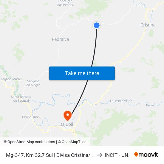 Mg-347, Km 32,7 Sul | Divisa Cristina/Pedralva to INCIT - UNIFEI map