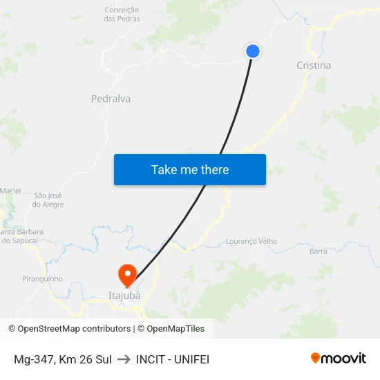 Mg-347, Km 26 Sul to INCIT - UNIFEI map