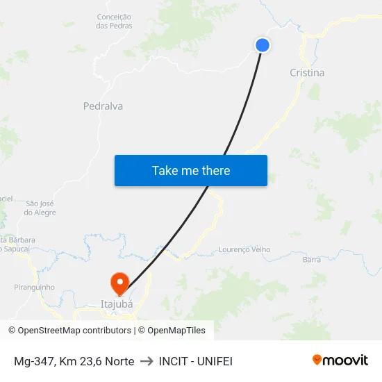 Mg-347, Km 23,6 Norte to INCIT - UNIFEI map