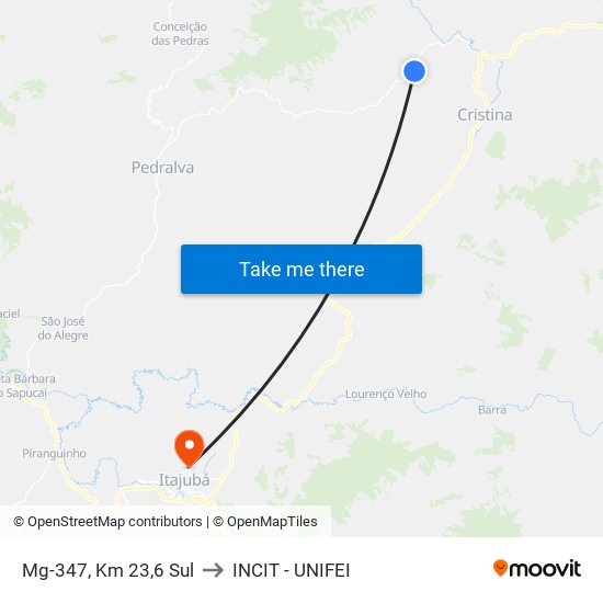 Mg-347, Km 23,6 Sul to INCIT - UNIFEI map