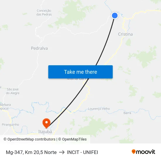 Mg-347, Km 20,5 Norte to INCIT - UNIFEI map