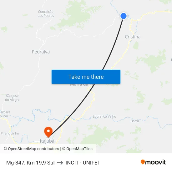 Mg-347, Km 19,9 Sul to INCIT - UNIFEI map