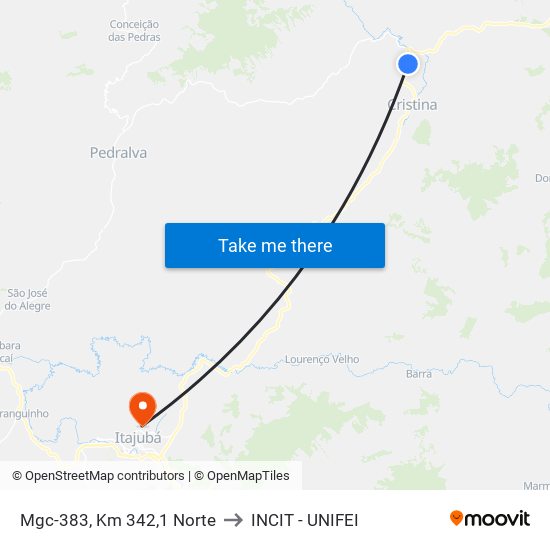 Mgc-383, Km 342,1 Norte to INCIT - UNIFEI map