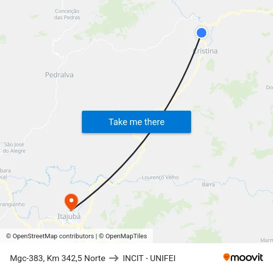 Mgc-383, Km 342,5 Norte to INCIT - UNIFEI map