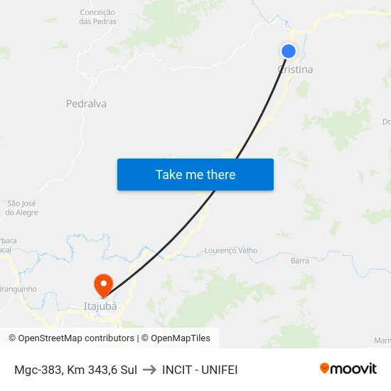 Mgc-383, Km 343,6 Sul to INCIT - UNIFEI map