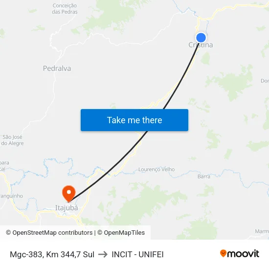 Mgc-383, Km 344,7 Sul to INCIT - UNIFEI map