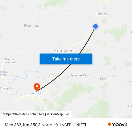 Mgc-383, Km 350,3 Norte to INCIT - UNIFEI map