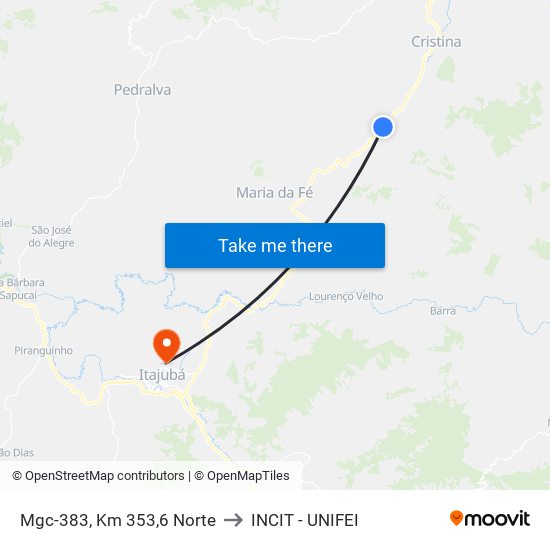 Mgc-383, Km 353,6 Norte to INCIT - UNIFEI map