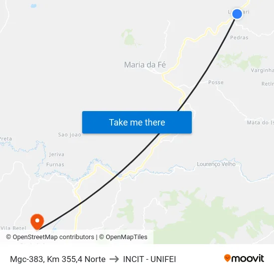 Mgc-383, Km 355,4 Norte to INCIT - UNIFEI map