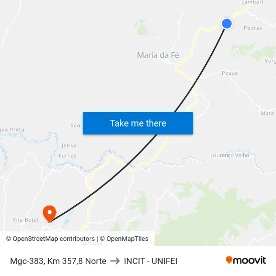 Mgc-383, Km 357,8 Norte to INCIT - UNIFEI map