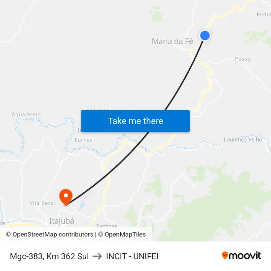 Mgc-383, Km 362 Sul to INCIT - UNIFEI map