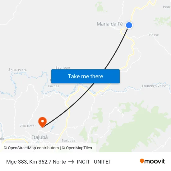 Mgc-383, Km 362,7 Norte to INCIT - UNIFEI map