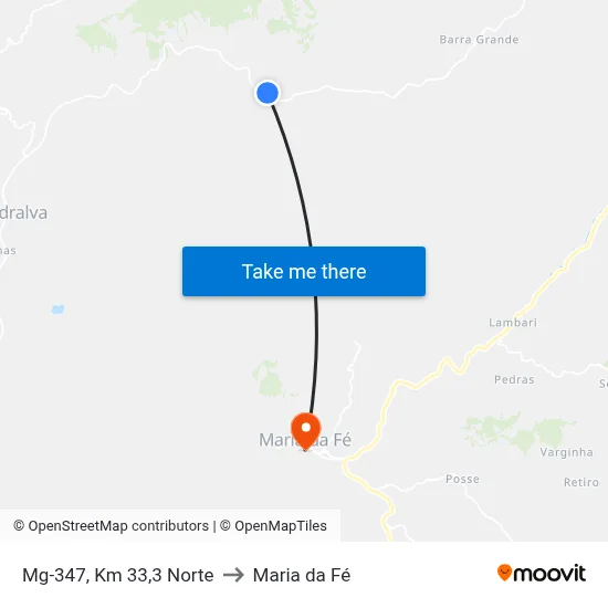 Mg-347, Km 33,3 Norte to Maria da Fé map