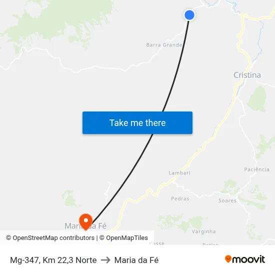 Mg-347, Km 22,3 Norte to Maria da Fé map