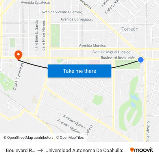 Boulevard Revolución, 3951 to Universidad Autonoma De Coahuila: Facultad De Ciencias Politicas Y Sociales map