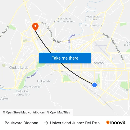 Boulevard Diagonal De Las Fuentes, 1003_1 to Universidad Juárez Del Estado De Durango. Nucleo Universitario map