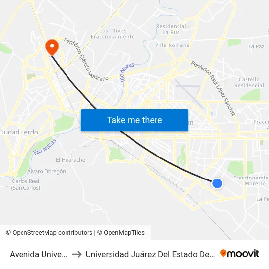 Avenida Universidad, 550_28 to Universidad Juárez Del Estado De Durango. Nucleo Universitario map