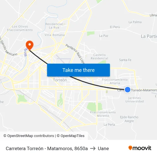 Carretera Torreón - Matamoros, 8650a to Uane map