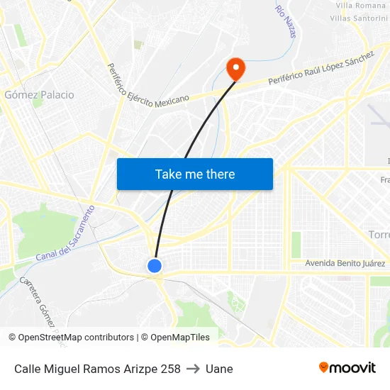 Calle Miguel Ramos Arizpe 258 to Uane map