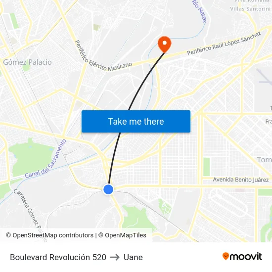 Boulevard Revolución 520 to Uane map