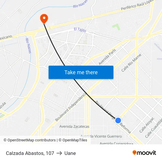 Calzada Abastos, 107 to Uane map