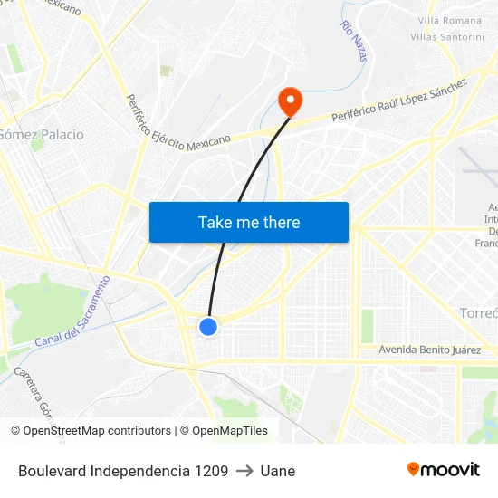 Boulevard Independencia 1209 to Uane map
