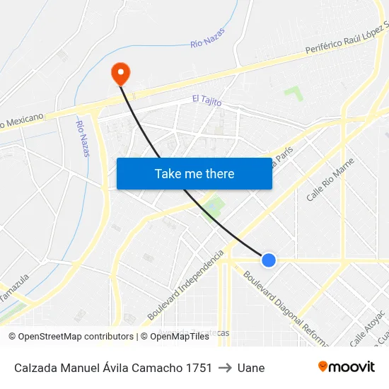 Calzada Manuel Ávila Camacho 1751 to Uane map