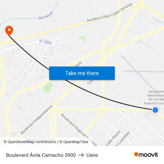 Boulevard Ávila Camacho 3900 to Uane map