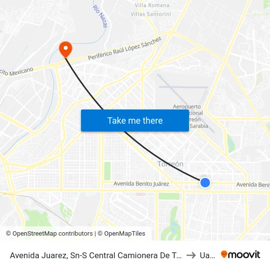 Avenida Juarez, Sn-S Central Camionera De Torreon to Uane map