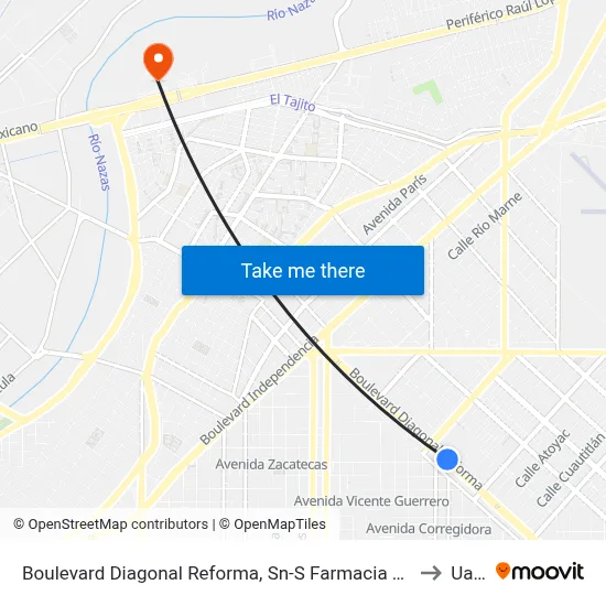 Boulevard Diagonal Reforma, Sn-S Farmacia San Rafael to Uane map