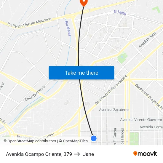 Avenida Ocampo Oriente, 379 to Uane map