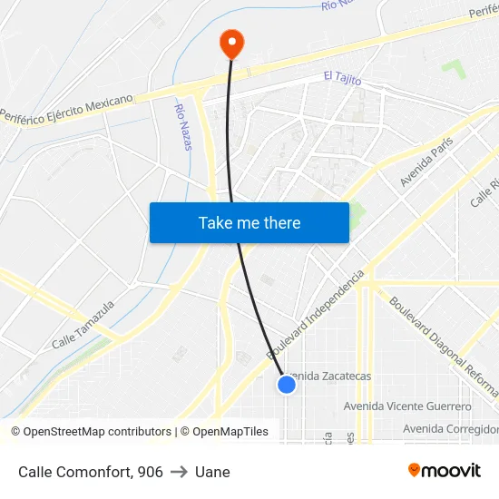 Calle Comonfort, 906 to Uane map