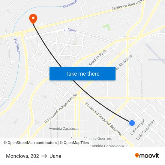 Monclova, 202 to Uane map