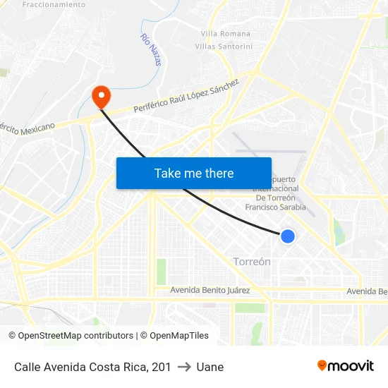 Calle Avenida Costa Rica, 201 to Uane map