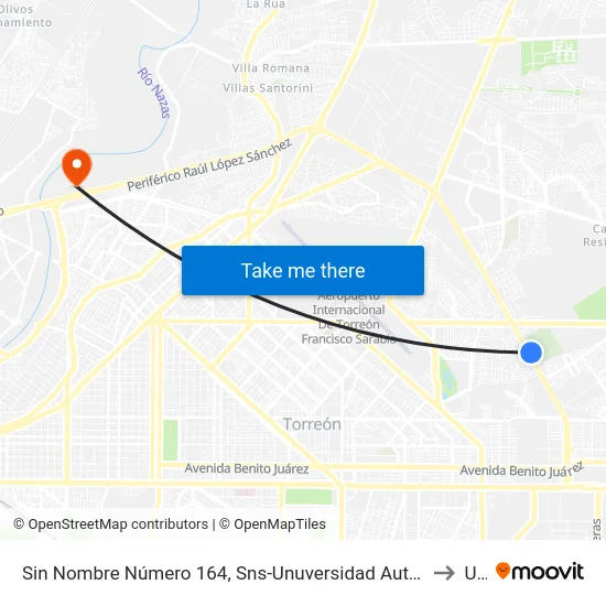 Sin Nombre Número 164, Sns-Unuversidad Autonoma Agraria Antonio Narro-Unidad Laguna to Uane map