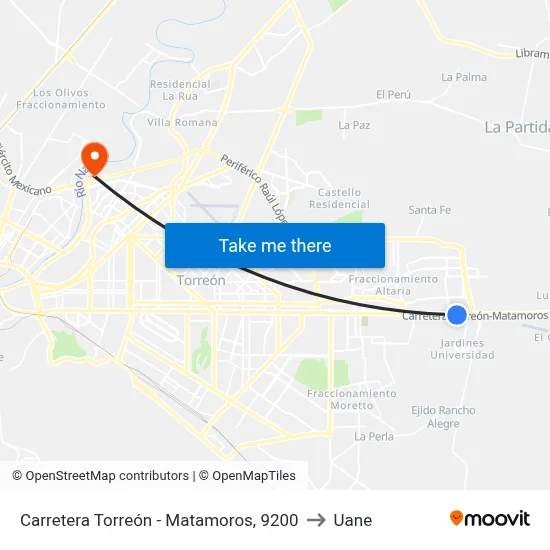 Carretera Torreón - Matamoros, 9200 to Uane map