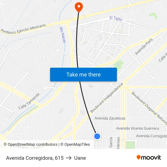 Avenida Corregidora, 615 to Uane map