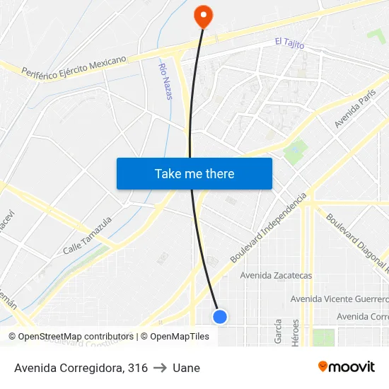 Avenida Corregidora, 316 to Uane map