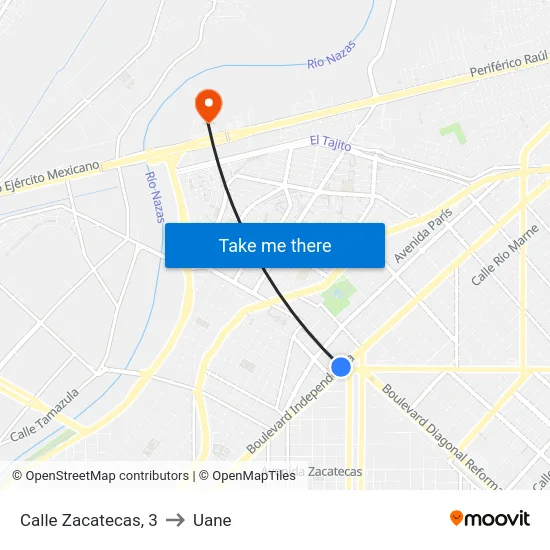 Calle Zacatecas, 3 to Uane map