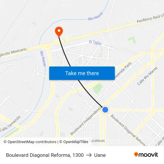 Boulevard Diagonal Reforma, 1300 to Uane map